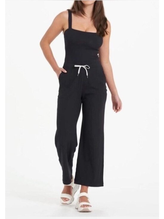 Vuori Pants - Vuori Pose Ribbed Jumpsuit XL Black Athleisure Casual Drawstring Wide Leg EUC